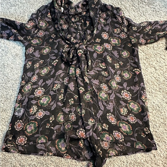 MISA Los Angeles Lulu Floral Top XS blouse long sleeve sheer tie bow black mock - Picture 11 of 16